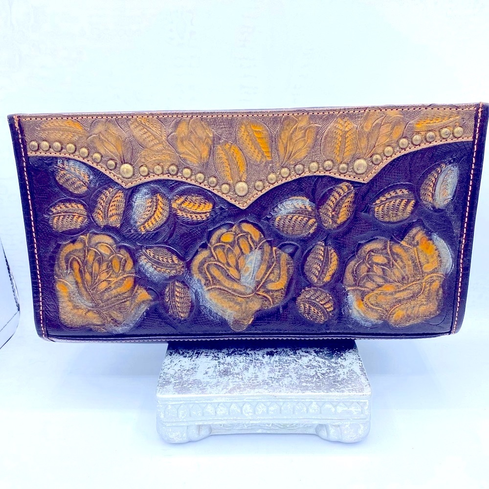 American West Tooled Leather Black/ Brown Clutch Has Rose Floral Design Purse